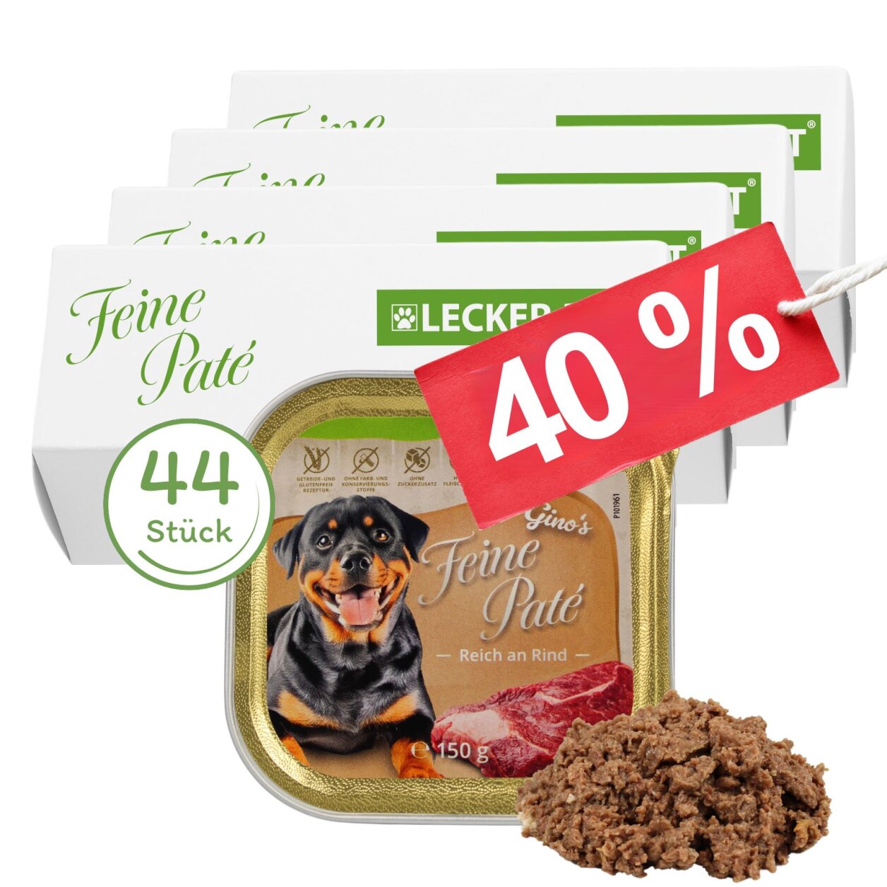 44 x 150 g Lecker.Pet® Gino's Feine Paté Reich an Rind Hundefutter Nassfutter Vollnahrung von Lecker.Pet