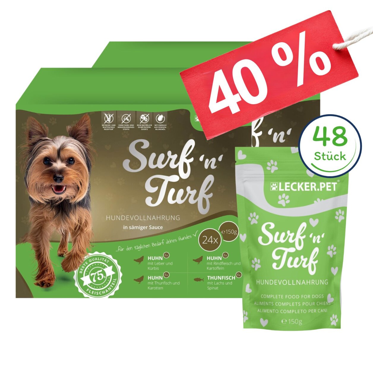 48 x 150 g Lecker.Pet® Surf'n'Turf Pouches Hundefutter Nassfutter - 4 Sorten Multipack MHD 11/2026 von Lecker.Pet
