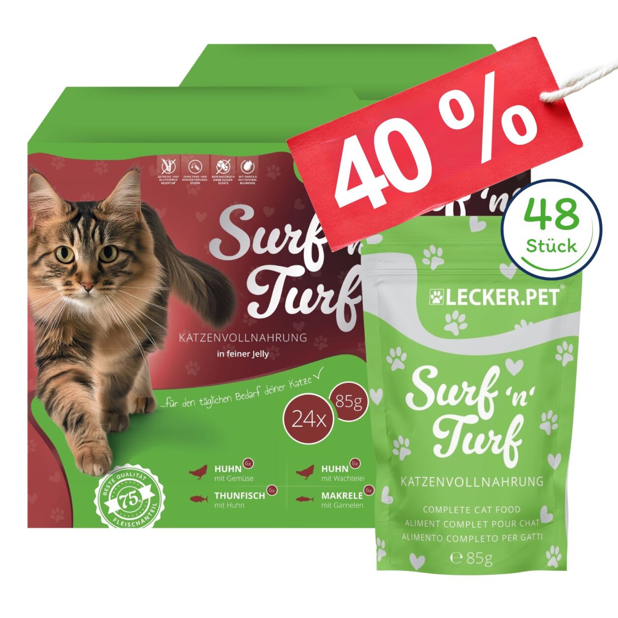 48 x 85 g Lecker.Pet® Surf'n'Turf Pouches Katzenfutter in feiner Jelly Nassfutter - 4 Sorten Multipack MHD 11/2026 von Lecker.Pet