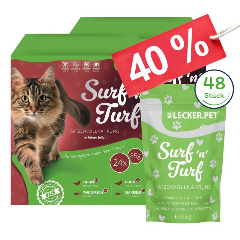 48 x 85 g Lecker.Pet® Surf'n'Turf Pouches Katzenfutter in feiner Jelly Nassfutter - 4 Sorten Multipack MHD 11/2026 von Lecker.Pet