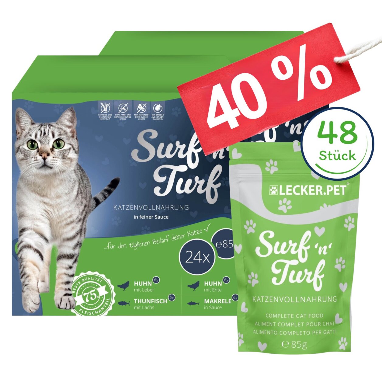 48 x 85 g Lecker.Pet® Surf'n'Turf Pouches Katzenfutter in feiner Sauce Nassfutter - 4 Sorten Multipack MHD 11/2026 von Lecker.Pet