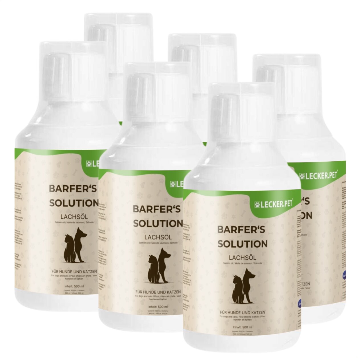 6 x 500 ml Lecker.Pet® Barfer's Solution 100 % Lachsöl für Hunde & Katzen von Lecker.Pet