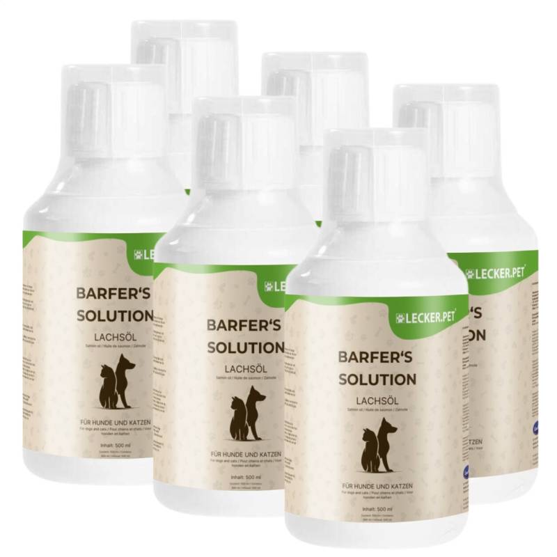6 x 500 ml Lecker.Pet® Barfer's Solution 100 % Lachsöl für Hunde & Katzen von Lecker.Pet