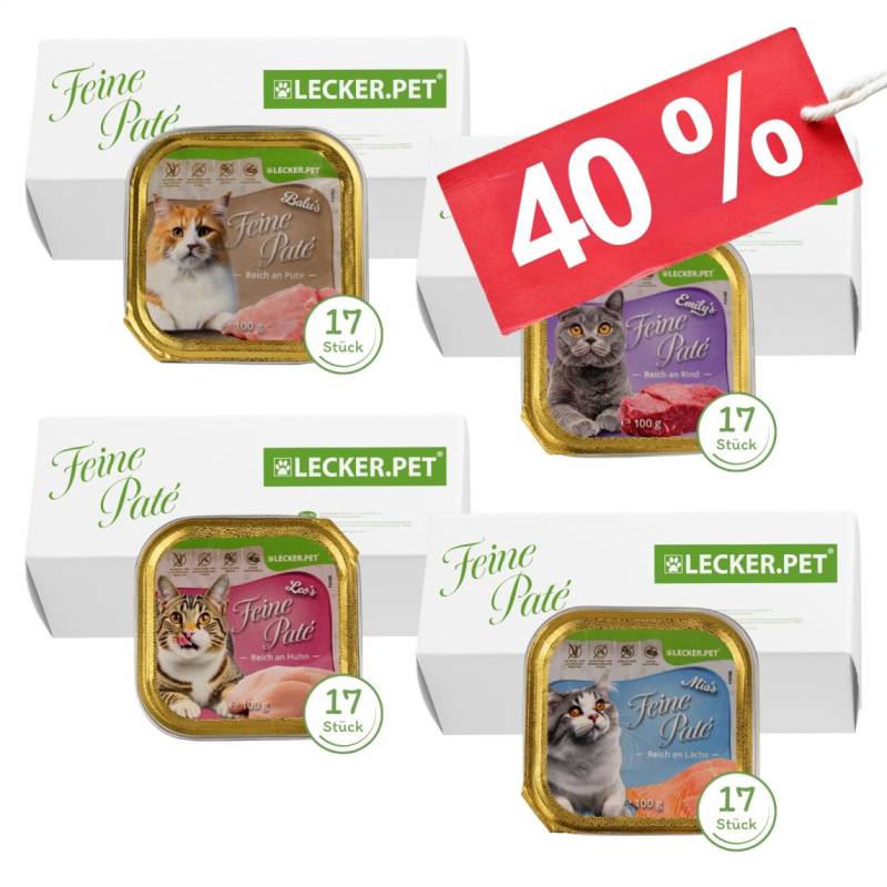 68 x 100 g Lecker.Pet® Balu's, Emily's, Leo's & Mia's Feine Paté Katzenfutter Nassfutter Mix Vollnahrung - je Sorte 17 Schalen von Lecker.Pet