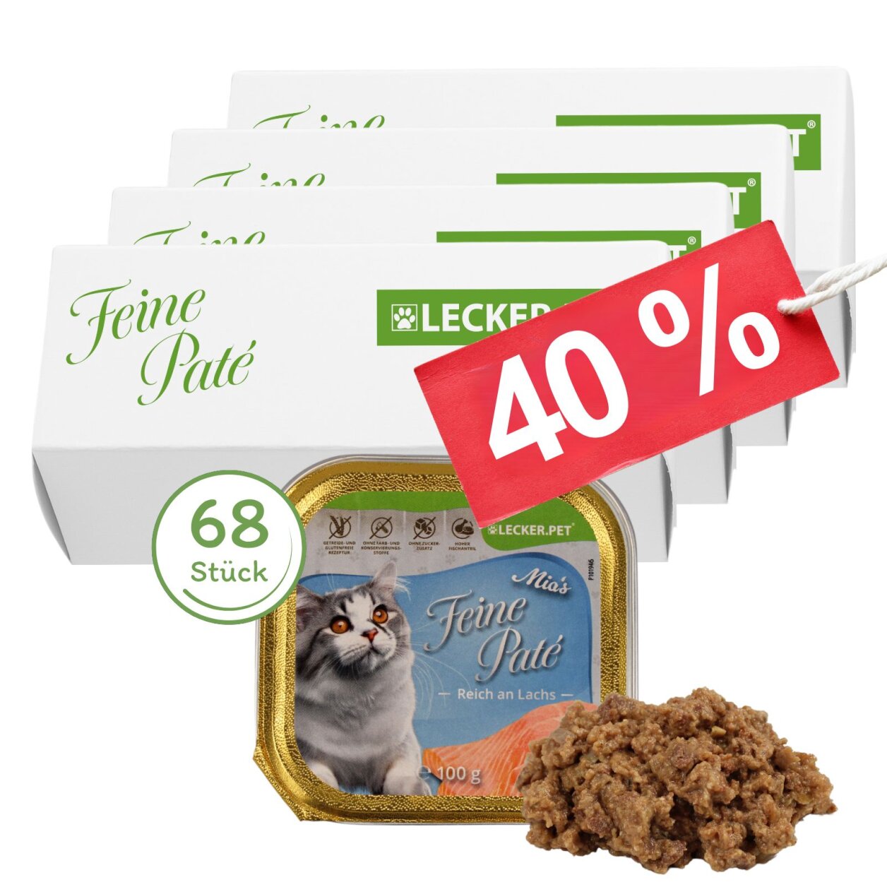 68 x 100 g Lecker.Pet® Mia's Feine Paté Reich an Lachs Katzenfutter Nassfutter Vollnahrung von Lecker.Pet