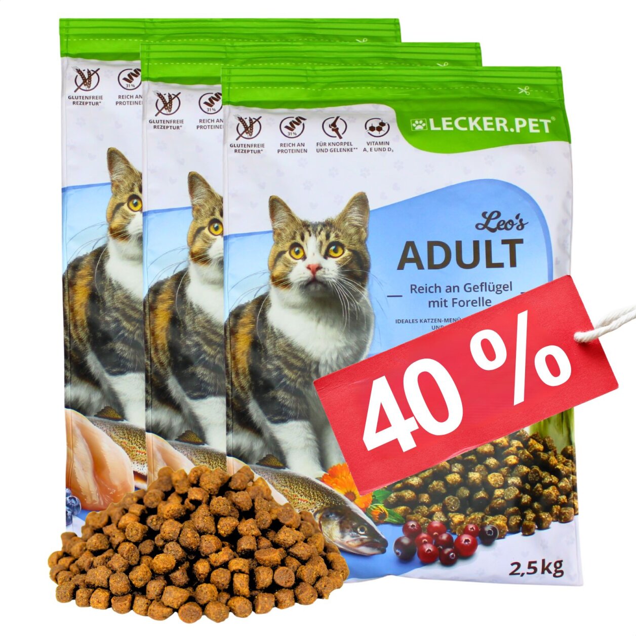 7,5 kg Lecker.Pet® Leo's Adult Geflügel & Forelle Katzenfutter Trockenfutter Vollnahrung MHD 4/2026 von Lecker.Pet