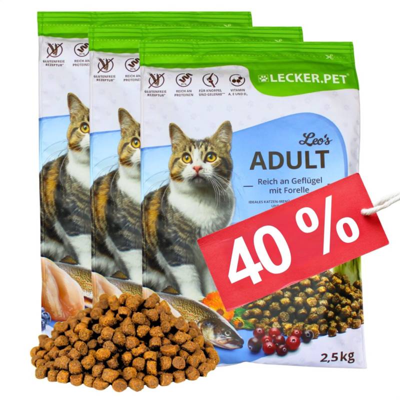 7,5 kg Lecker.Pet® Leo's Adult Geflügel & Forelle Katzenfutter Trockenfutter Vollnahrung MHD 4/2026 von Lecker.Pet