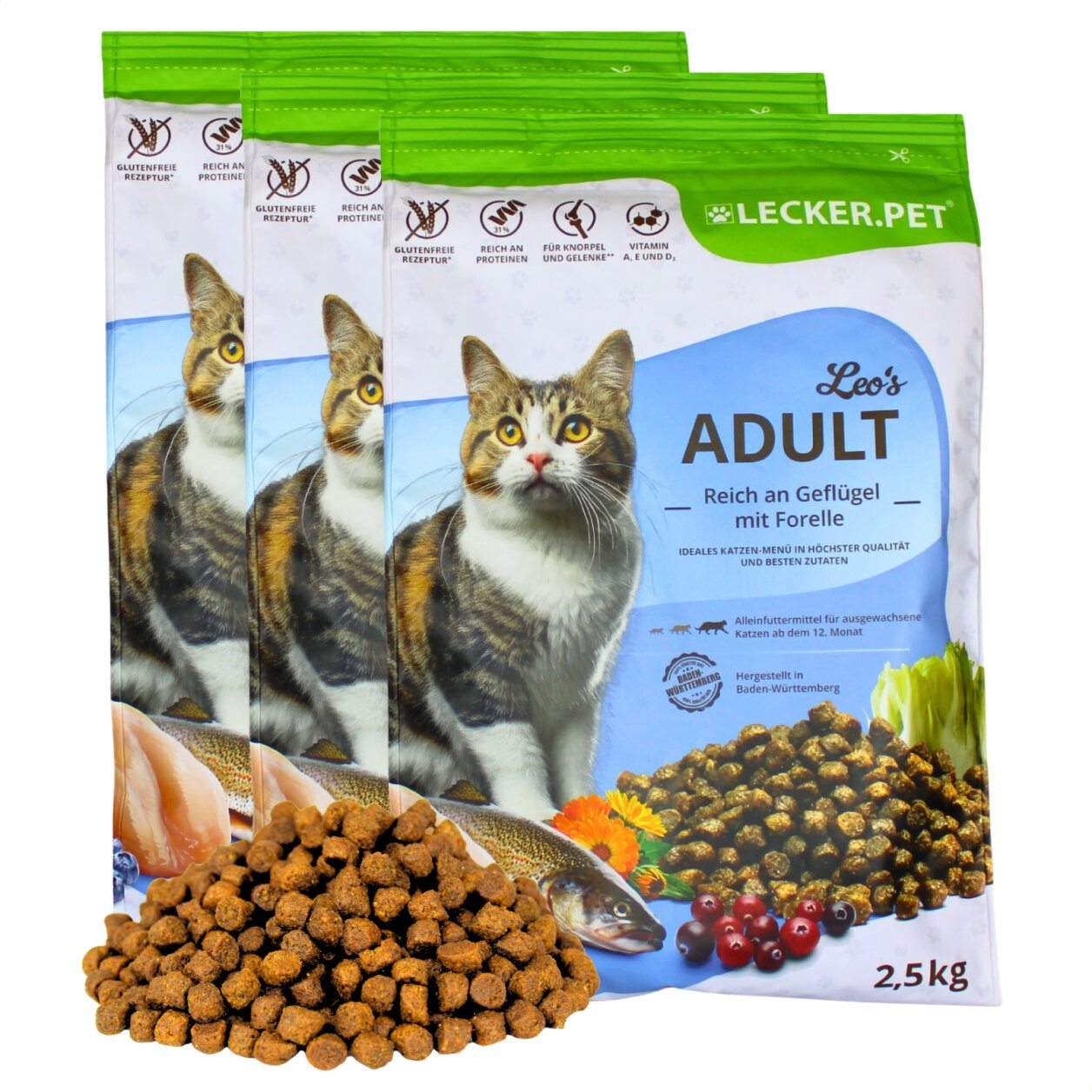 7,5 kg Lecker.Pet® Leo's Adult Geflügel & Forelle Katzenfutter Trockenfutter Vollnahrung von Lecker.Pet
