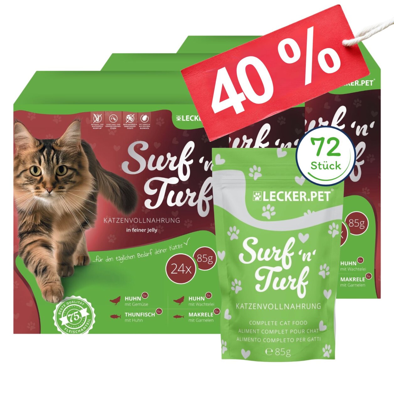 72 x 85 g Lecker.Pet® Surf'n'Turf Pouches Katzenfutter in feiner Jelly Nassfutter - 4 Sorten Multipack MHD 11/2026 von Lecker.Pet