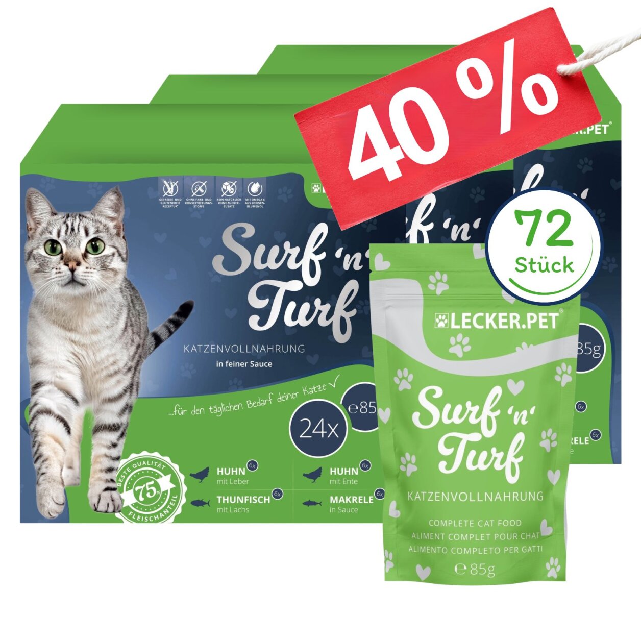 72 x 85 g Lecker.Pet® Surf'n'Turf Pouches Katzenfutter in feiner Sauce Nassfutter - 4 Sorten Multipack MHD 11/2026 von Lecker.Pet
