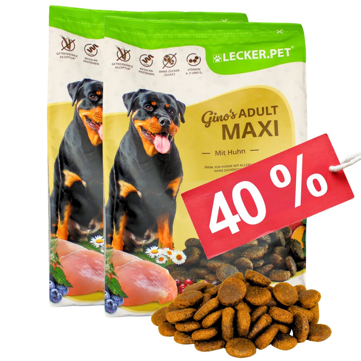 8 kg Lecker.Pet® Gino's Adult Maxi mit Huhn Hundefutter Trockenfutter Vollnahrung MHD 4/2026 von Lecker.Pet