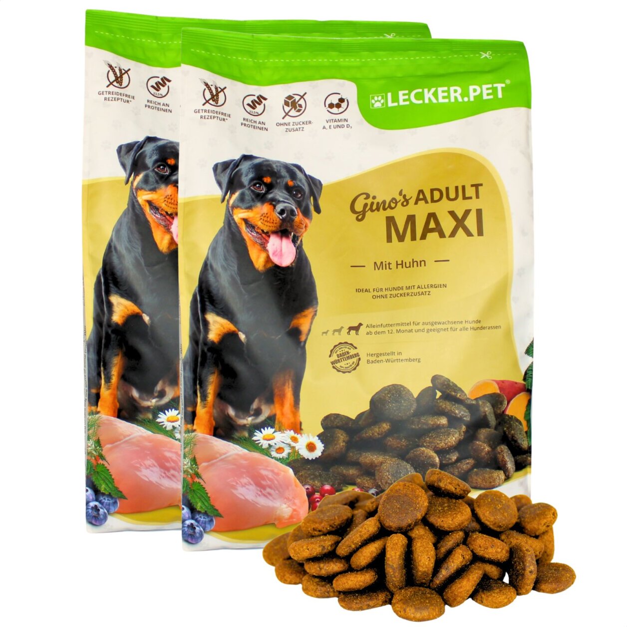 8 kg Lecker.Pet® Gino's Adult Maxi mit Huhn Hundefutter Trockenfutter Vollnahrung von Lecker.Pet