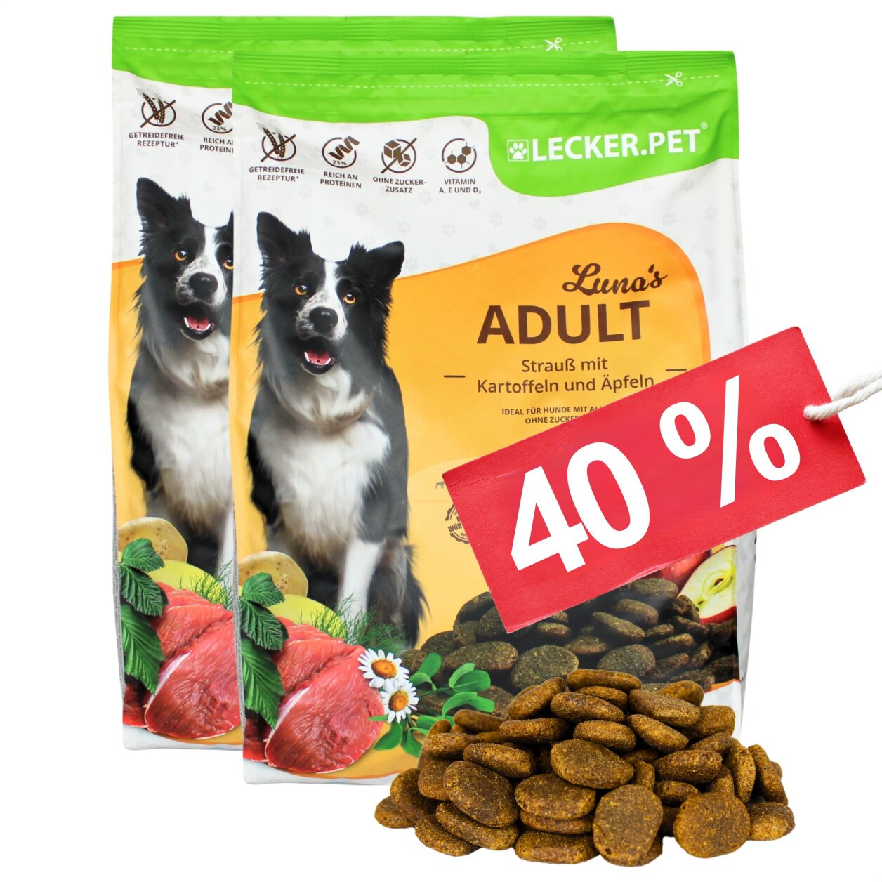8 kg Lecker.Pet® Luna's Adult Strauß mit Kartoffel & Apfel Hundefutter Trockenfutter Vollnahrung MHD 3/2026 von Lecker.Pet