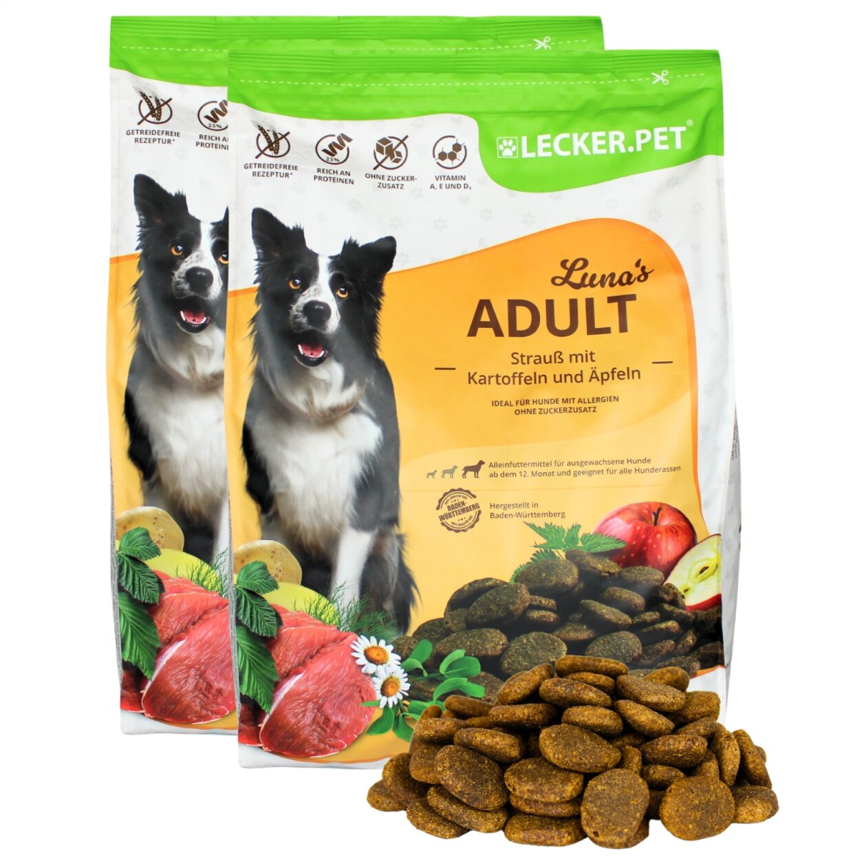 8 kg Lecker.Pet® Luna's Adult Strauß mit Kartoffel & Apfel Hundefutter Trockenfutter Vollnahrung von Lecker.Pet