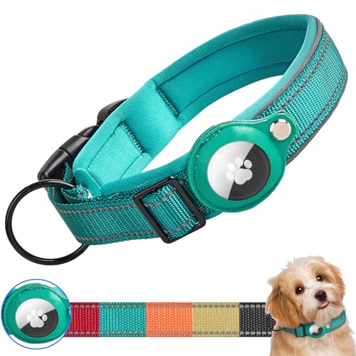 Ledeak Taktisches AirTag Hundehalsband, Wasserdicht Integriertes Apple AirTag Halter Reflektierendes Hunde Halsbänder, Gepolstertes Hundehalsband für Kleine, Mittlere und Große Hunde (Cyan, L) von Ledeak