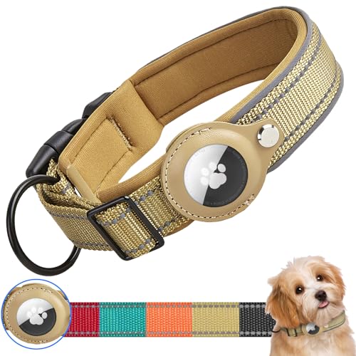 Ledeak Taktisches AirTag Hundehalsband, Wasserdicht Integriertes Apple AirTag Halter Reflektierendes Hunde Halsbänder, Gepolstertes Hundehalsband für Kleine, Mittlere und Große Hunde (Khaki, L) von Ledeak