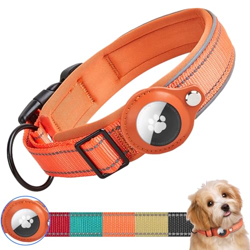 Ledeak Taktisches AirTag Hundehalsband, Wasserdicht Integriertes Apple AirTag Halter Reflektierendes Hunde Halsbänder, Gepolstertes Hundehalsband für Kleine, Mittlere und Große Hunde (Orange, L) von Ledeak