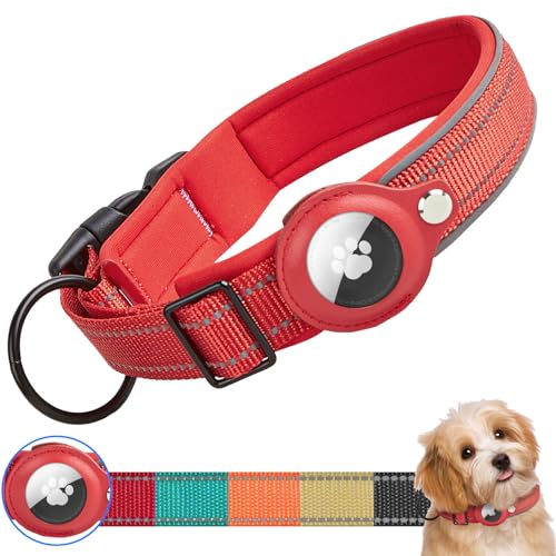 Ledeak Taktisches AirTag Hundehalsband, Wasserdicht Integriertes Apple AirTag Halter Reflektierendes Hunde Halsbänder, Gepolstertes Hundehalsband für Kleine, Mittlere und Große Hunde (Rot, M) von Ledeak