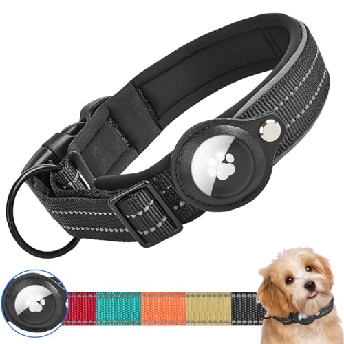 Ledeak Taktisches AirTag Hundehalsband, Wasserdicht Integriertes Apple AirTag Halter Reflektierendes Hunde Halsbänder, Gepolstertes Hundehalsband für Kleine, Mittlere und Große Hunde (Schwarz, L) von Ledeak