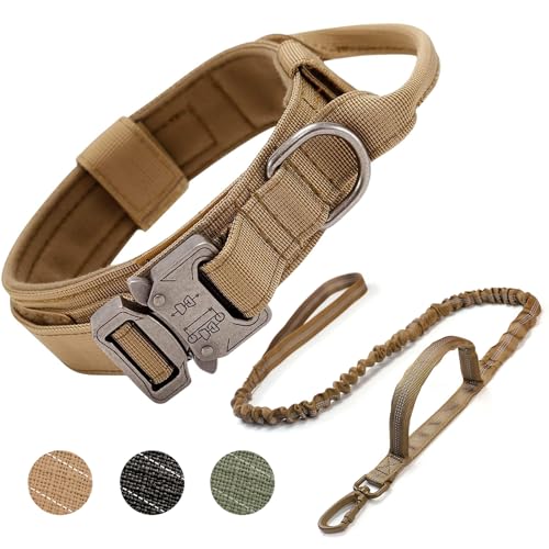 Ledeak Taktisches Hundehalsband, Verstellbares Militär-Hundehalsband mit Kommandogriff, Training Metallschnalle Nylon Verstellbar Hundehalsband für Hunde (L, Hundehalsband + Hundeleine Braun) von Ledeak