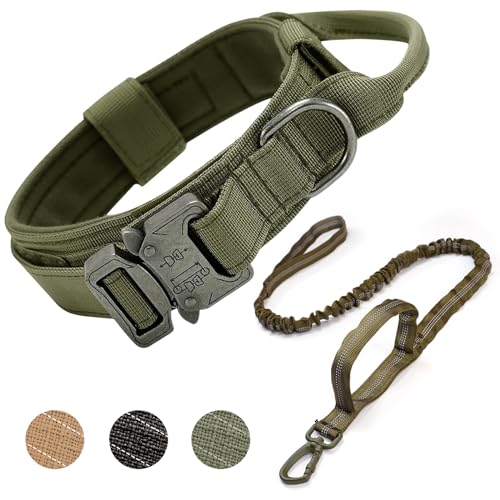 Ledeak Taktisches Hundehalsband, Verstellbares Militär-Hundehalsband mit Kommandogriff, Training Metallschnalle Nylon Verstellbar Hundehalsband für Hunde (XL, Hundehalsband + Hundeleine Grün) von Ledeak