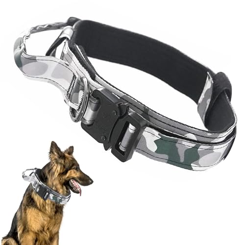 Ledeak Taktisches Hundehalsband, Verstellbares Militär-Hundehalsband mit Kommandogriff, Training Metallschnalle Nylon Verstellbar Hundehalsband für Hunde Training Freizeit Outdoor (M, Tarnweiß) von Ledeak