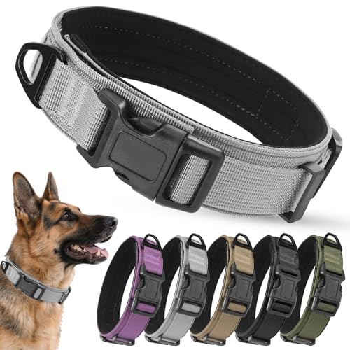 Ledeak Taktisches Hundehalsband, Verstellbares Polypropylen Nylon Hunde Halsband mit Sicherheitsschnalle, Gepolstert Weich Hundehalsbander, Tactical Dog Collar für Mittlere Große Hunde (Grau, XL) von Ledeak