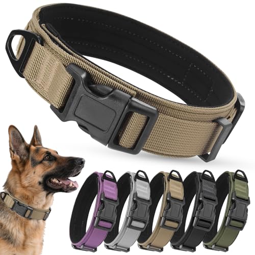 Ledeak Taktisches Hundehalsband, Verstellbares Polypropylen Nylon Hunde Halsband mit Sicherheitsschnalle, Gepolstert Weich Hundehalsbander, Tactical Dog Collar für Mittlere Große Hunde (Khaki, L) von Ledeak
