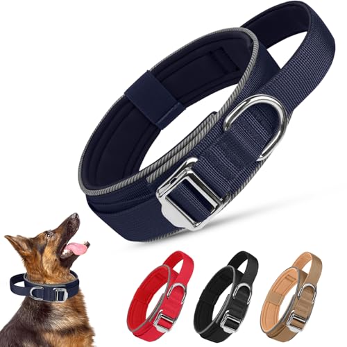 Ledeak Taktisches Hundehalsband, Weich Depolstert Atmungsaktives Hunde Halsband, Verstellbare Nylon Reflektierend Hundehalsband Mit tragbarer Metallschnalle für Mittel Große Hunde (Marineblau, M) von Ledeak