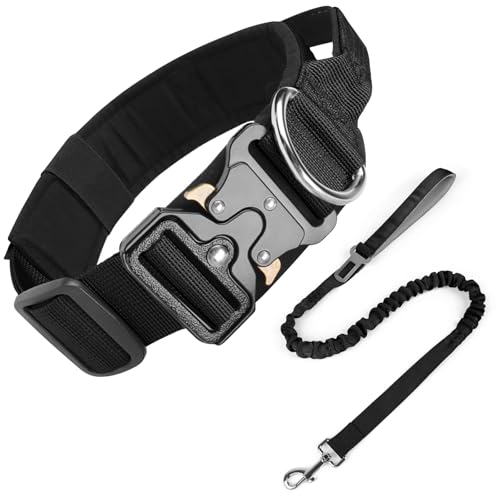 Ledeak Taktisches Hundehalsband mit Griff, Verstellbares Anti Zieh Breites Hunde Halsband Gepolstert, Dog Collar mit Metallschnalle erziehungshalsband für Hunde (Hundehalsband+Hundeleine Schwarz, L) von Ledeak
