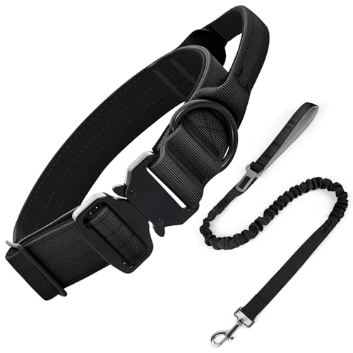 Ledeak Taktisches Hundehalsband mit Griff, Weich Gepolstert Verstellbares Hunde Halsband mit Robustem Adlerverschluss aus Metall, Tactical Dog Collar für Hunde (Hundehalsband+Hundeleine Schwarz, L) von Ledeak