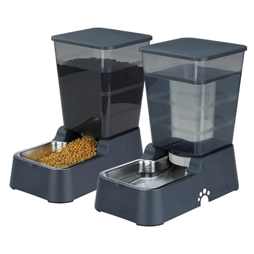Leefele Automatischer Wasserspender für Hunde, 5,4 l, Schwerkraft-Edelstahl-Wasserspender, große Kapazität, Futternäpfe für Katzen und mittelgroße und große Hunde (Schwarz, Futter + Wasser) von Leefele