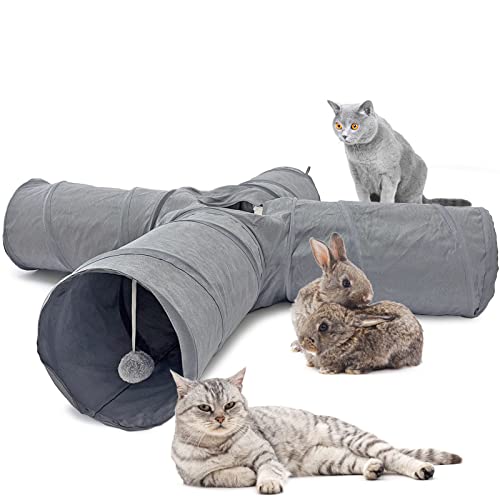 LeerKing Katzentunnel 4 Wege Kaninchen Tunnel Ohne Rascheln Spieltunnel Katzenlabyrint für Katzen Hase Grau 120 * 25cm von LeerKing