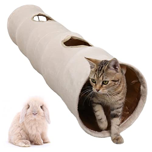 LeerKing Katzentunnel Kaninchen Tunnel Katzenspielzeug Tunnel Hase Spieltunnel Rascheltunnel für Katzen Nager Kleintier Tiere 2 Höhlen Beige 115 * 25cm von LeerKing