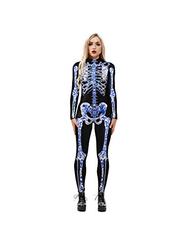 Leezeshaw Damen-Kostüm, blauer Kristall, Skelett, Halloween, 3D, blauer Totenkopf, Skelett, Lycra, Einteiler, Bodysuit, Verkleidung für Damen, Größe S-XL von Leezeshaw