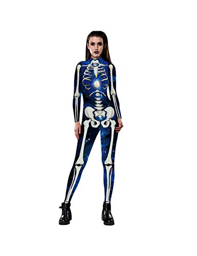 Leezeshaw Damen Halloween-Kostüm, weißes Skelett-Kostüm, 3D-Sternenknochen, Lycra, Einteiler, Verkleidung für Frauen, S-XL von Leezeshaw