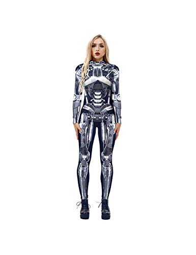 Leezeshaw Damen Roboter-Skelett-Halloween-Kostüm, Halloween-Kostüm, 3D-Roboter, Totenkopf, Skelett, Lycra, Einteiler, Bodysuit, Verkleidung für Damen, Größe S-XL von Leezeshaw