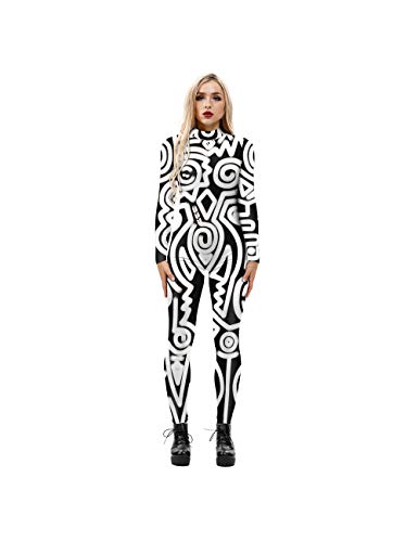 Leezeshaw Damen Schwarz-Weiß Graffiti Kostüme Anzug, Halloween 3D Schwarz Weiß Geometrische Kritzelei Lycra Einteiler Verkleidung für Frauen S-XL von Leezeshaw