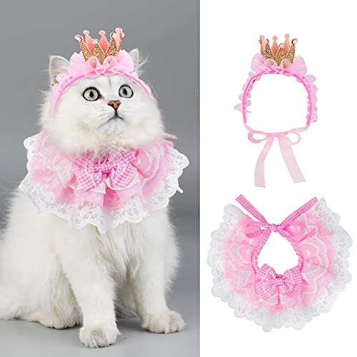 Legendog Katze Bandana, Prinzessin Kostüm, Niedliche Spitze Hund Halstücher und Krone Zubehör für Katzen und Kleine Hunde, Rosa Outfit für Geburtstagsparty (B-Pink) von Legendog