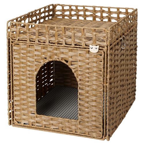 Katzentoilette Gehege Möbel, Versteckte Katzentoilette mit Zaun, Handgewebtes Rattan-Katzenhaus mit Zwei S-förmigen Haken für Wohnzimmer, Schlafzimmer, 18,5 x 20,5 x 19,1 Zoll (Natur) von Leikedun