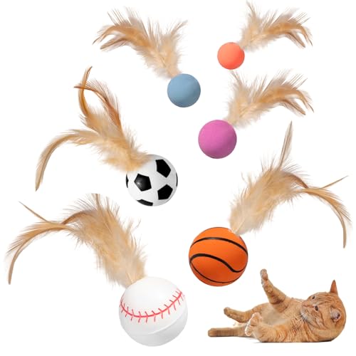 Leikedun 6 Stück Katzenbälle Spielzeug mit Federn, Interaktives Katzenspielzeug Ball, Weiches Hüpfbälle mit Feder Katzenbälle Spielzeug für Katzen Selbstbeschäftigung von Leikedun
