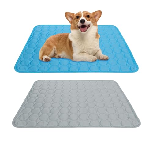 Kühlmatte Hunde Katzen Haustier, 60x50cm 2PCS Kuhlmatte für Hund und Katze Kühldecke Hundebett Waschbar Hundematte Selbstkühlende Matte Kühl Hundedecke Auto Outdoor Zuhause(Dunkelblau+Hellgrau) von Leikurvo