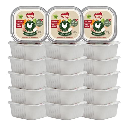 Leiky Nassfutter Hund Freiland-Huhn 18 x 300 g – 91 % Fleisch, getreidefrei, Alleinfutter von Leiky