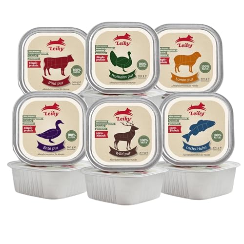 Leiky Nassfutter Hund Probierpaket 12 x 300 g – 6 Sorten, 100 % Fleisch, getreidefrei Leiky Nassfutter Hund Probierpaket 12 x 300 g – 6 Sorten, 100 % Fleisch, getreidefrei von Leiky