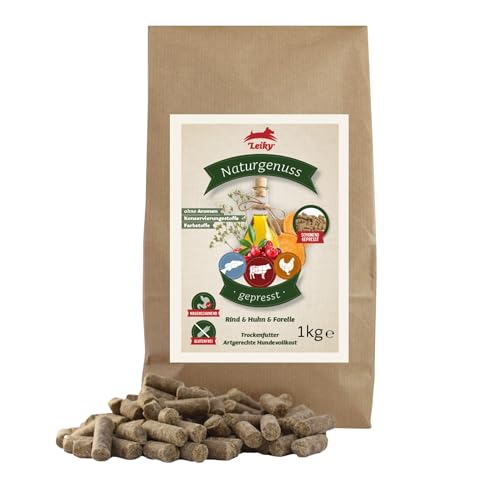 Leiky Naturgenuss Hundetrockenfutter 1 kg – Rind, Huhn & Forelle, gepresst, natürliches Futter für Hunde von Leiky