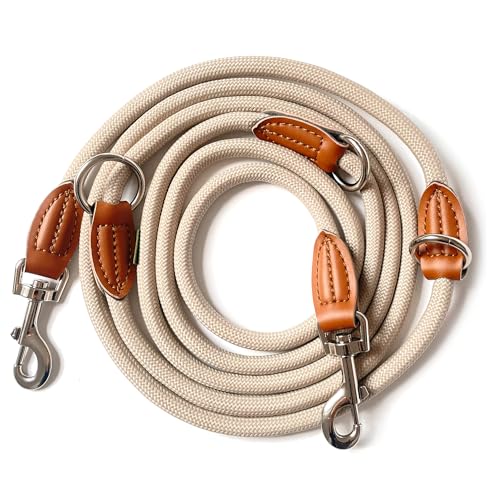 Leisegrün Hundeleine große Hunde | Führleine 3m verstellbar mit 2 Karabiner | 3 Meter lang x 1,1 cm | Nur 300 g | Modell Devon | Sand Beige von Leisegrün