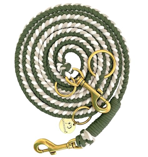 Leisegrün Paracord Hundeleine 2m | Handgefertigte Leine 3-Fach verstellbar | Handmade für kleine und mittelgroße Hunde (Olive Twist, 2 m) | Farbe: Olive-Creme von Leisegrün