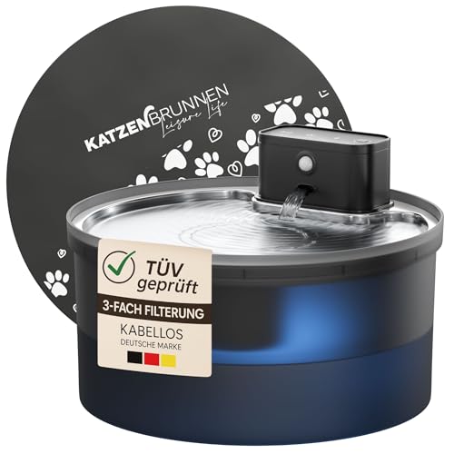 Leisure Life® | NEUEINFÜHRUNG | Katzenbrunnen Kabellos | mit Edelstahlbecken | 3.2 L Trinkbrunnen für Katzen | 4500mAh Akku | Ultra leise Pumpe mit Led | BPA-frei (Brunnen + 1 Matte + 1 Filter) von Leisure Life