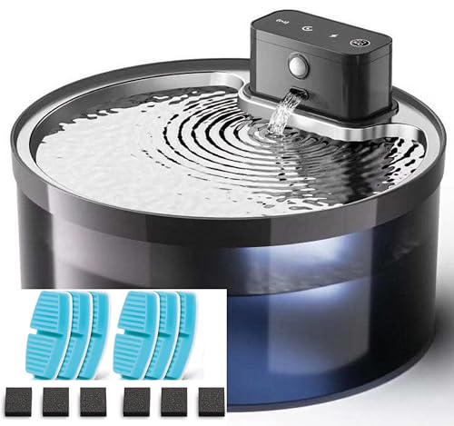 Leisure Life® | Katzenbrunnen Kabellos | mit Edelstahlbecken | 3.2 L Trinkbrunnen für Katzen | 4500mAh Akku | Ultra leise Pumpe mit Led | BPA-frei (Katzenbrunnen Edelstahl + 1 Matte + 7 Filter) von Leisure Life