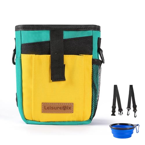 Leisuremix Leckerli-Beutel Leckerlitasche für Hunde zum umhängen, Gassi Tasche Bauchtasche Hundetraining wasserdicht Grün & Gelb von Leisuremix